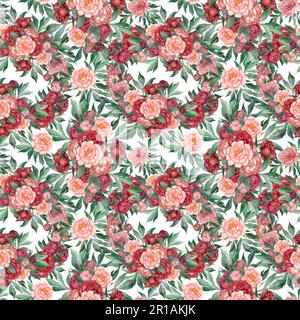 Motif fleuri sans couture avec pivoines et feuilles, illustration aquarelle. Modèle de conception pour les textiles, l'intérieur, les vêtements, le papier peint. Banque D'Images
