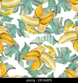 Motif sans couture. Motif aquarelle de bananes mûres ouvertes et de feuilles vertes sur fond blanc. Tous les éléments sont peints à la main en aquarelle. Banque D'Images