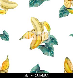 Motif sans couture. Motif aquarelle de bananes mûres ouvertes et de feuilles vertes sur fond blanc. Tous les éléments sont peints à la main en aquarelle. Banque D'Images