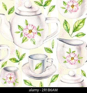 Motif aquarelle d'une tasse en porcelaine et d'une théière, fleurs, bouquets sur blanc. Illustration isolée pour la conception de menu, restaurant, emballage, cuisine, Banque D'Images