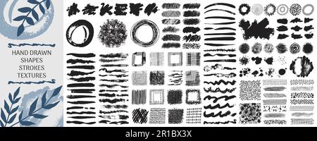 Brosser les éléments graphiques. Nature organique, traits de ligne et de cercle, collection de textures noires, taches rugueuses, formes de motifs pour le design fait à la main. Vecteur a Illustration de Vecteur