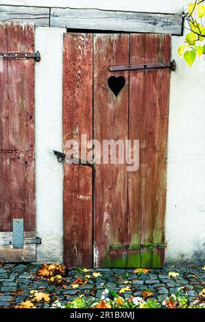 Une vieille porte de toilettes marron à l'extérieur. Banque D'Images