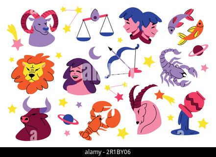 Signes du zodiaque. Poissons mignons, icônes d'aries et de taureau, sagittaire, lion et capricorne, constellation abstraite du verseau, symboles astrologiques de l'horoscope, cu Illustration de Vecteur