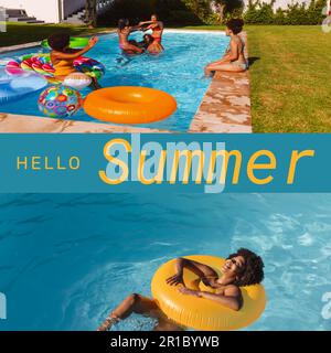 Collage d'amis divers appréciant dans la piscine et femme se détendant sur anneau gonflable de natation Banque D'Images