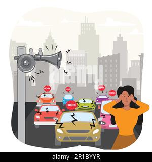 Pollution par le bruit et illustration de son vecteur de cause. Les gens qui souffrent de bruit fort de ville illustration. Femme habitant couvrant les oreilles pour arrêter d'entendre Illustration de Vecteur