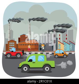 Concept de pollution de l'air avec illustration de l'usine et du vecteur de dioxyde de carbone. Smog urbain, fumées des usines et nuages industriels de dioxyde de carbone. Vehic Illustration de Vecteur