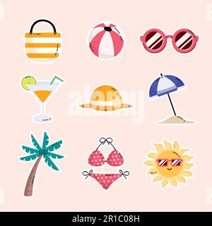 Ensemble d'éléments de vacances d'été à la plage. Illustration vectorielle des icônes plates. Illustration de Vecteur