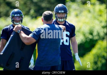 Seattle Seahawks tight end Noah Gindorff (46) and tight end Colby Parkinson  (84) walk off the