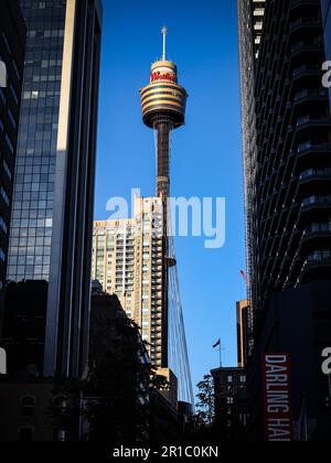 Tour de Sydney entre de grands bâtiments dans le quartier des affaires (Westfield) de Sydney. Photographie de rue par Canon R50. Banque D'Images