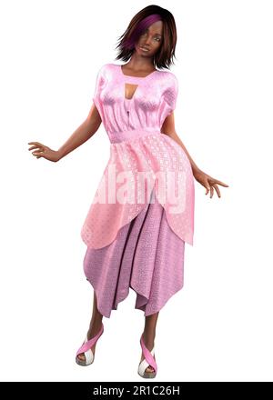 Jeune femme afro-américaine porte une robe rose romantique, 3D Illustration. Banque D'Images