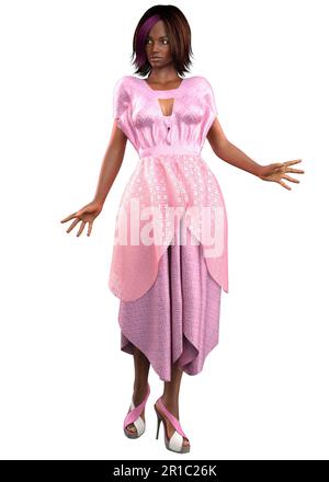 Jeune femme afro-américaine porte une robe rose romantique, 3D Illustration. Banque D'Images