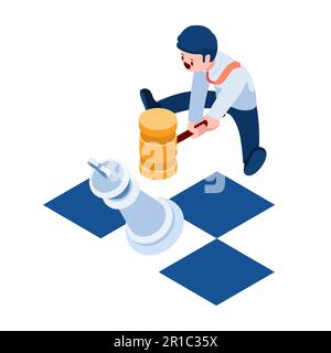 Flat 3D Isométrique homme d'affaires Smashing King Chess par Hammer. Concept de stratégie et de concurrence d'entreprise. Illustration de Vecteur