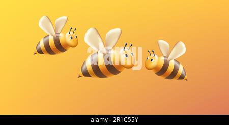 Les abeilles volantes, 3D, représentent une illustration stylisée d'insecte avec des corps et des ailes rayés jaunes et le visage avec des yeux et des antennes, dessin de caractère Illustration de Vecteur