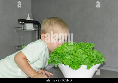 Un petit garçon avec une coupe courte aide à cuisiner dans la cuisine. Lave les légumes frais et les herbes dans un évier noir dans une cuisine grise. Banque D'Images