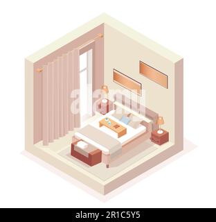 Vecteur isométrique d'une chambre à coucher à l'intérieur avec lampes de lit et de table de nuit. Illustration de Vecteur