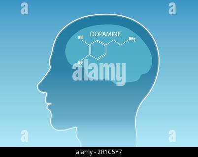 Vecteur d'une formule chimique de l'hormone dopamine à l'intérieur du cerveau humain Illustration de Vecteur