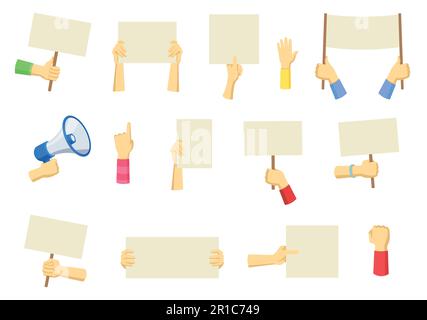 Mains tenant des pancartes de protestation et du mégaphone Illustration de Vecteur