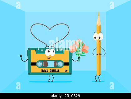 Ruban de cassette de dessin animé donnant des fleurs au personnage de crayon Illustration de Vecteur
