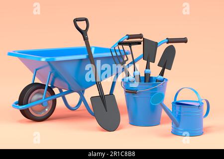 Brouette avec outils de jardin comme une pelle, un râteau et une fourche sur fond orange. 3d rendre le concept de fournitures horticoles et agricoles Banque D'Images