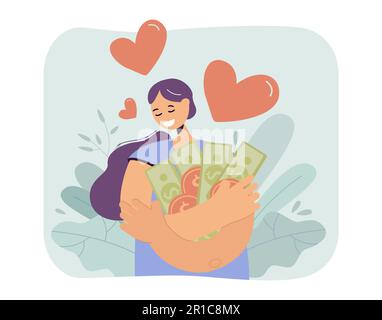 Bonne femme embrassant beaucoup d'argent avec amour Illustration de Vecteur