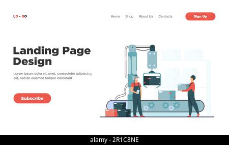 Les travailleurs d'usine et le bras robotisé retirent les emballages du convoyeur Illustration de Vecteur