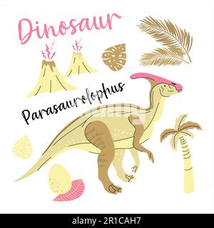 Un dinosaure mignon dessiné comme vecteur sur le blanc pour la mode enfant. Paume et volcan. Parasaurolophus. Illustration de Vecteur