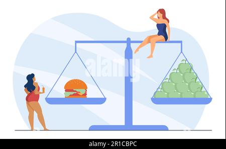 Deux minuscules femmes comparant des régimes alimentaires sur des échelles Illustration de Vecteur