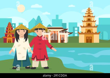 Fille asiatique et garçon portant des vêtements et des chapeaux traditionnels Illustration de Vecteur