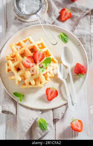 Gaufrettes maison et fraîches avec fraises et sucre en poudre. Gaufres avec fraises et sucre en poudre. Banque D'Images