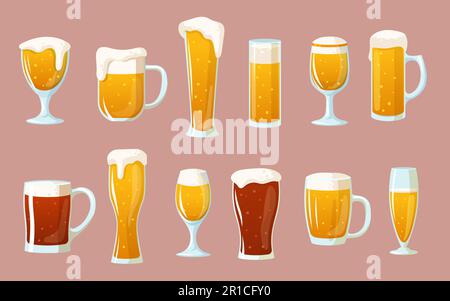 Ensemble de verres de dessin animé avec de la bière claire et foncée Illustration de Vecteur