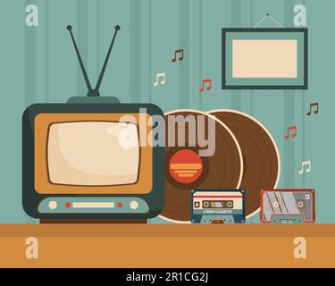 Téléviseur vintage, cassettes et disques en vinyle sur l'illustration de table Illustration de Vecteur
