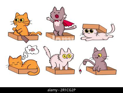 Jeu d'autocollants personnages de dessin animé de chat Illustration de Vecteur