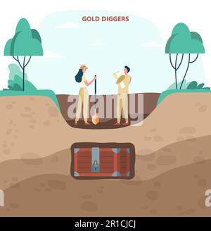 Deux creuseurs d'or à la recherche d'illustrations vectorielles plates Treasures Illustration de Vecteur