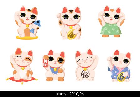 Jeu d'illustrations vectorielles japonaises Maneki neko Illustration de Vecteur