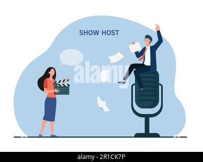 Petit animateur de spectacle assis sur un microphone géant Illustration de Vecteur