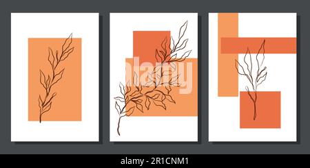 Ensemble de peintures minimalistes créatives aux éléments botaniques et aux formes orange. Pour la décoration intérieure, l'impression et le design Illustration de Vecteur