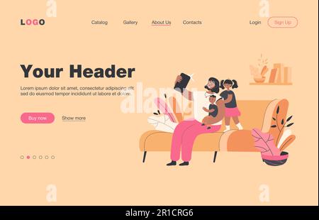 Mère souriante prenant le selfie avec des enfants au téléphone Illustration de Vecteur