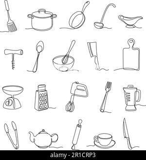 Une ligne d'outils de cuisine. Équipement de cuisine minimaliste lignes continues, ustensile de chef et ensemble de vecteur d'équipement culinaire Illustration de Vecteur