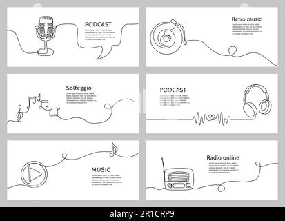 Bannières musicales continues sur une ligne. Podcast audio, radio en ligne, leçons de théorie musicale, jeu de modèles de vecteur de promotion pour lecteur multimédia et casque Illustration de Vecteur