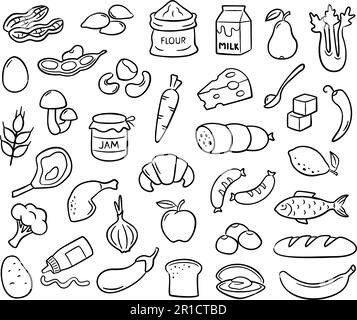 Icônes de produits alimentaires dessinées à la main. Produits d'épicerie Doodle pour la conception de menus et l'emballage alimentaire. Jeu d'illustrations vectorielles Illustration de Vecteur