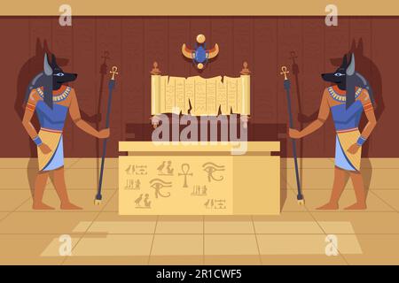 Deux divinités Anubis avec des cannes ankh à côté de cas de momie Illustration de Vecteur