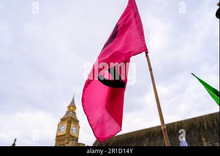 LONDRES - 22 avril 2023 : engagez-vous avec le XR march, un drapeau qui agite au-dessus des manifestants près du Parlement, attirant l'attention et incarnant l'environnement Banque D'Images