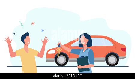 Caricature femme donnant de nouvelles clés de voiture à un jeune homme heureux Illustration de Vecteur