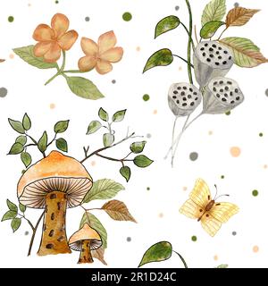 Motif champignon aquarelle sans couture. Illustration de champignons, de plantes, de fleurs et de papillons. Banque D'Images