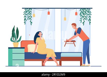 Dessin animé jeune homme apportant le petit déjeuner au lit pour femme enceinte Illustration de Vecteur