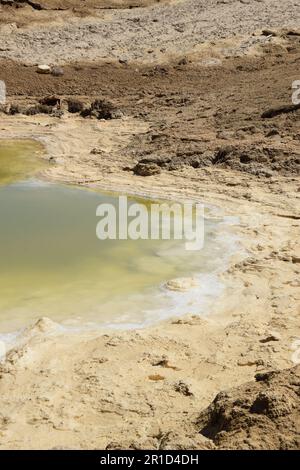 Littoral en retrait et gouffres dangereux - Ein Gedi Beach, Mer Morte en Israël Banque D'Images