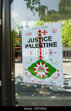 Paris, France. 13 mai 2023. Justice pour la Palestine, centre de la ville, 1st arrondissement, place Chatelet. Affiche le long de la voie de la manifestation. Banque D'Images