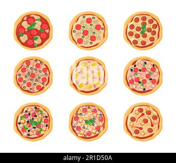 Ensemble de pizzas de dessin animé avec différentes farces Illustration de Vecteur