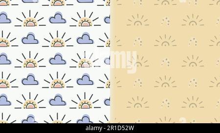 Ensemble de 2 motifs sans couture pour enfants d'hiver, formes de soleil en nuage arc-en-ciel, motif graphique à encre dessinés à la main, dessin animé pour bébé. Rose pastel bleu Illustration de Vecteur