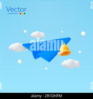 3d avion de papier volant sur le ciel avec une cloche orange, nuages autour, isolé sur fond. Concept de conception pour le marketing de contenu, la notification, l'abonnement, la newsletter. 3d illustration vectorielle. Illustration vectorielle Illustration de Vecteur